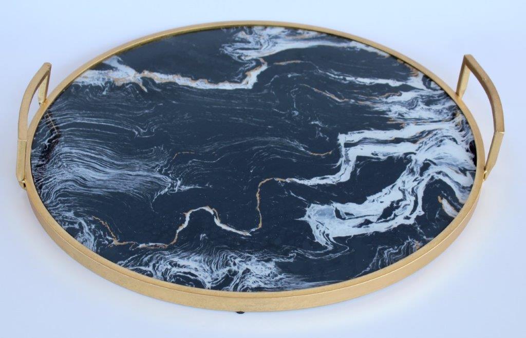 Set Of 2 Black & White Marbled Round Trays